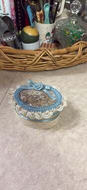 Vintage Handmade Oval Wooden Jewelry Trinket Box with Lace and Blue Ribbon Rose